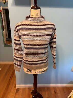 Ann Taylor Striped Cowlneck Sweater in Blue, Beige and Gray